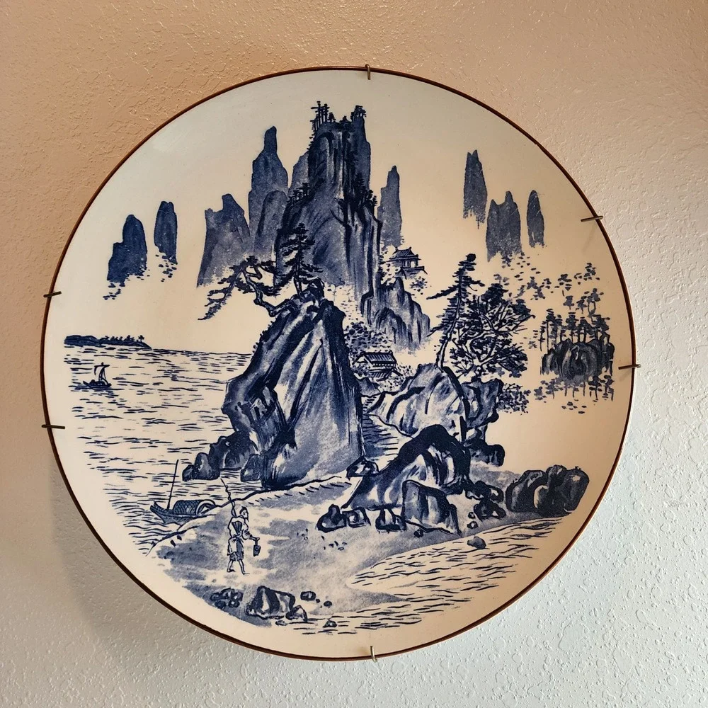 Vintage Blue White Scenic‎ Plate Wall Art Asian Landscape Village Boat